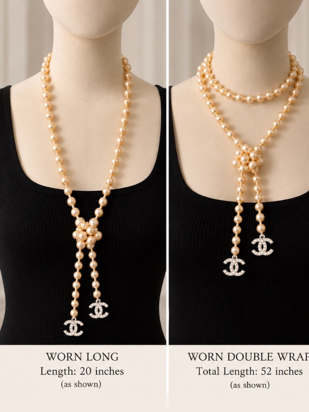 Chanel Champagne faux Pearl long Necklace - CC Logo Accents